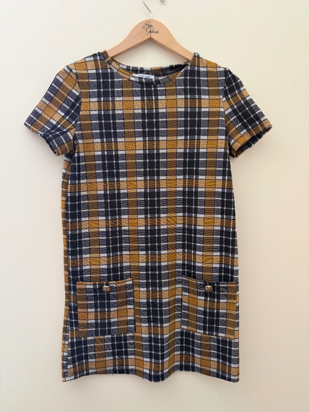 Zara Trafaluc Black and Gold Plaid Short Sleeved Mini Dress Size Small